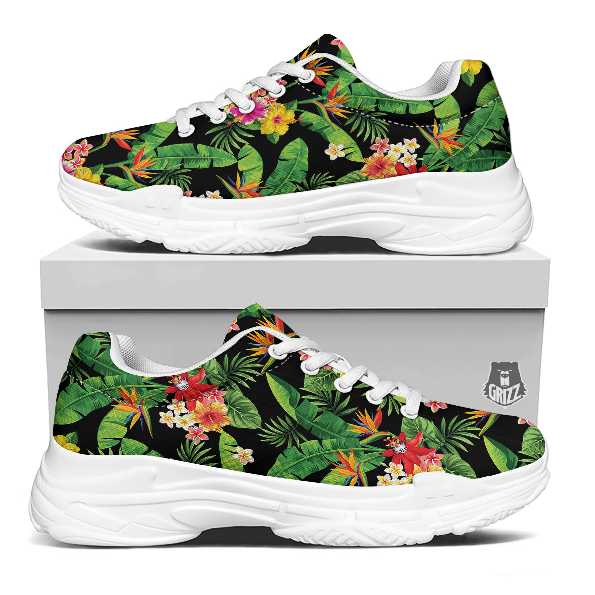 Hawaiian Flower And Tropical Leaf Print Pattern White Chunky Shoes-grizzshop