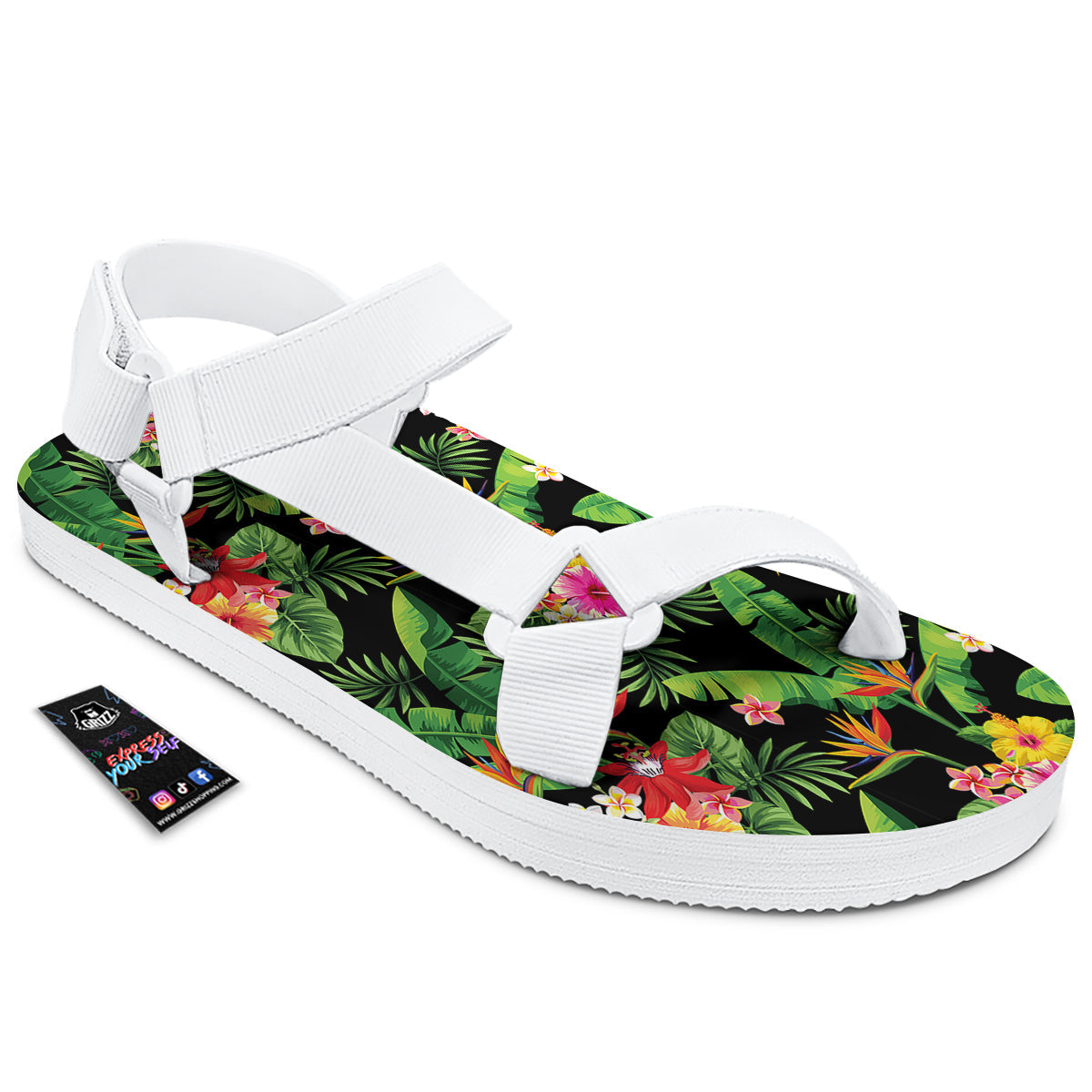 Hawaiian Flower And Tropical Leaf Print Pattern White Open Toe Sandals-grizzshop