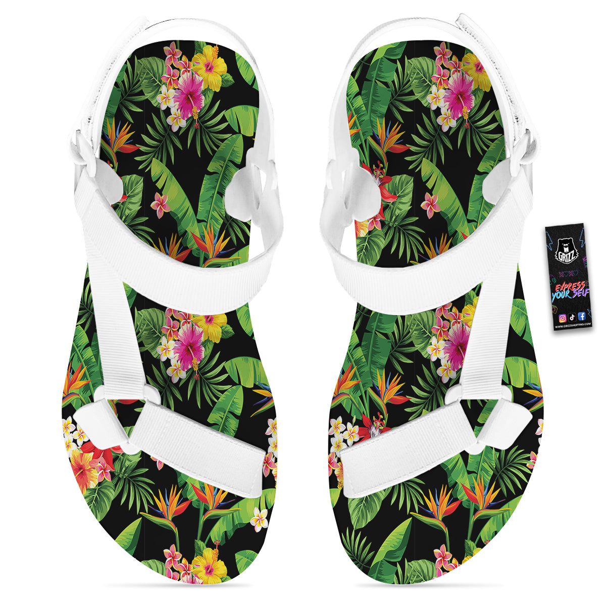 Hawaiian Flower And Tropical Leaf Print Pattern White Open Toe Sandals-grizzshop