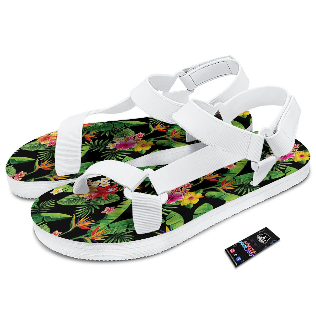 Hawaiian Flower And Tropical Leaf Print Pattern White Open Toe Sandals-grizzshop