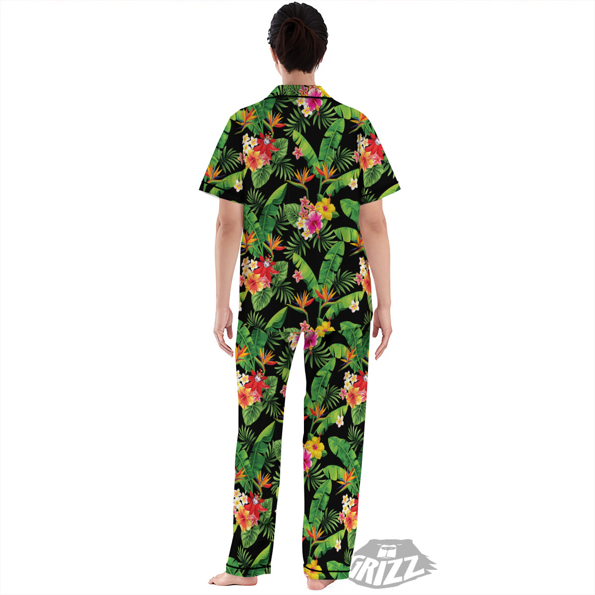 Hawaiian Flower And Tropical Leaf Print Pattern Women's Pajamas Set-grizzshop