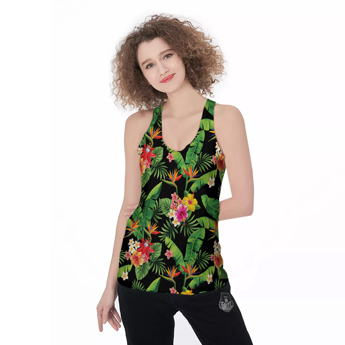 Hawaiian Flower And Tropical Leaf Print Pattern Women's Racerback Tank Top-grizzshop