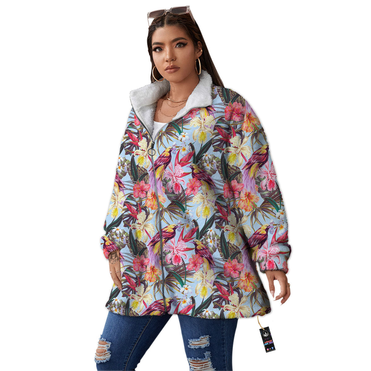 Hawaiian Pink Hibiscus Print Pattern Women's Sherpa Jacket-grizzshop