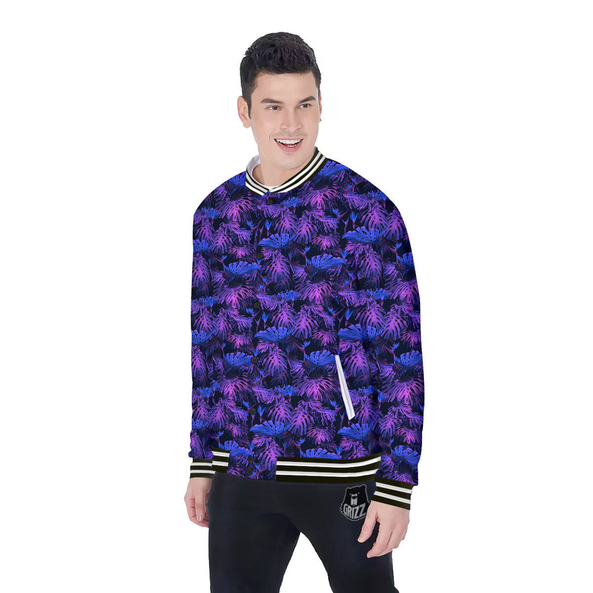 Hawaiian Tropical Dark Purple Print Pattern Baseball Jacket-grizzshop