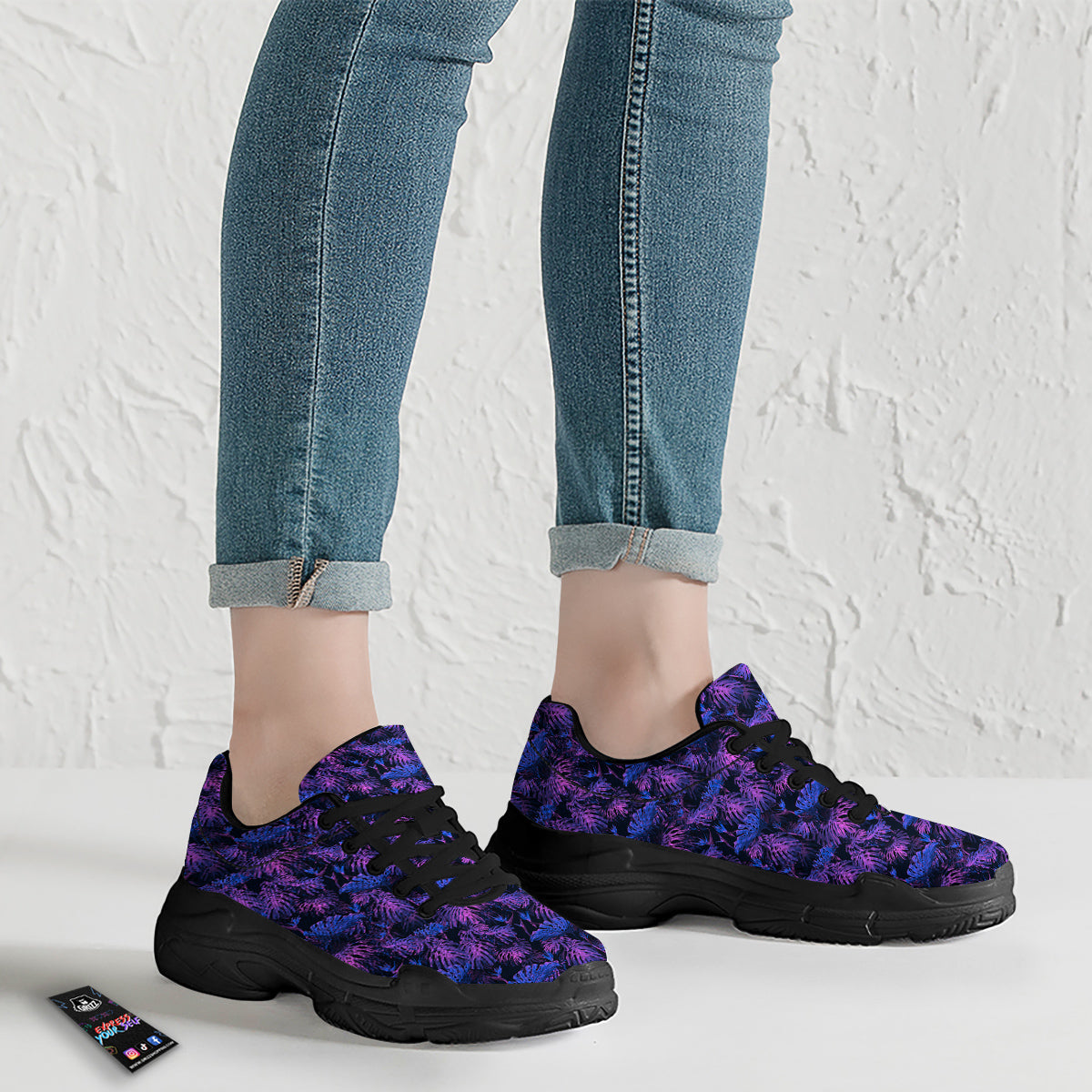 Hawaiian Tropical Dark Purple Print Pattern Black Chunky Shoes-grizzshop