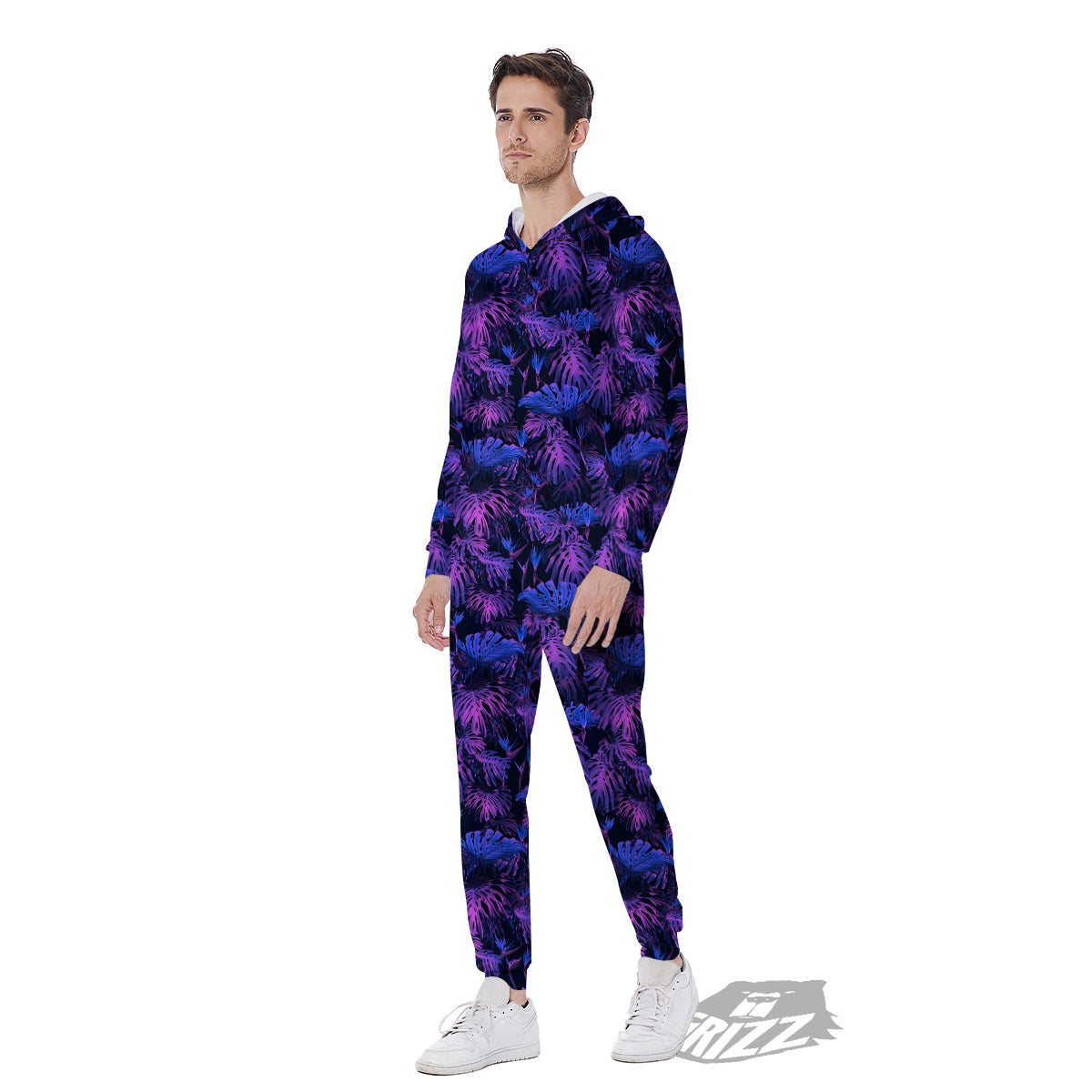 Hawaiian Tropical Dark Purple Print Pattern Men's Jumpsuit-grizzshop