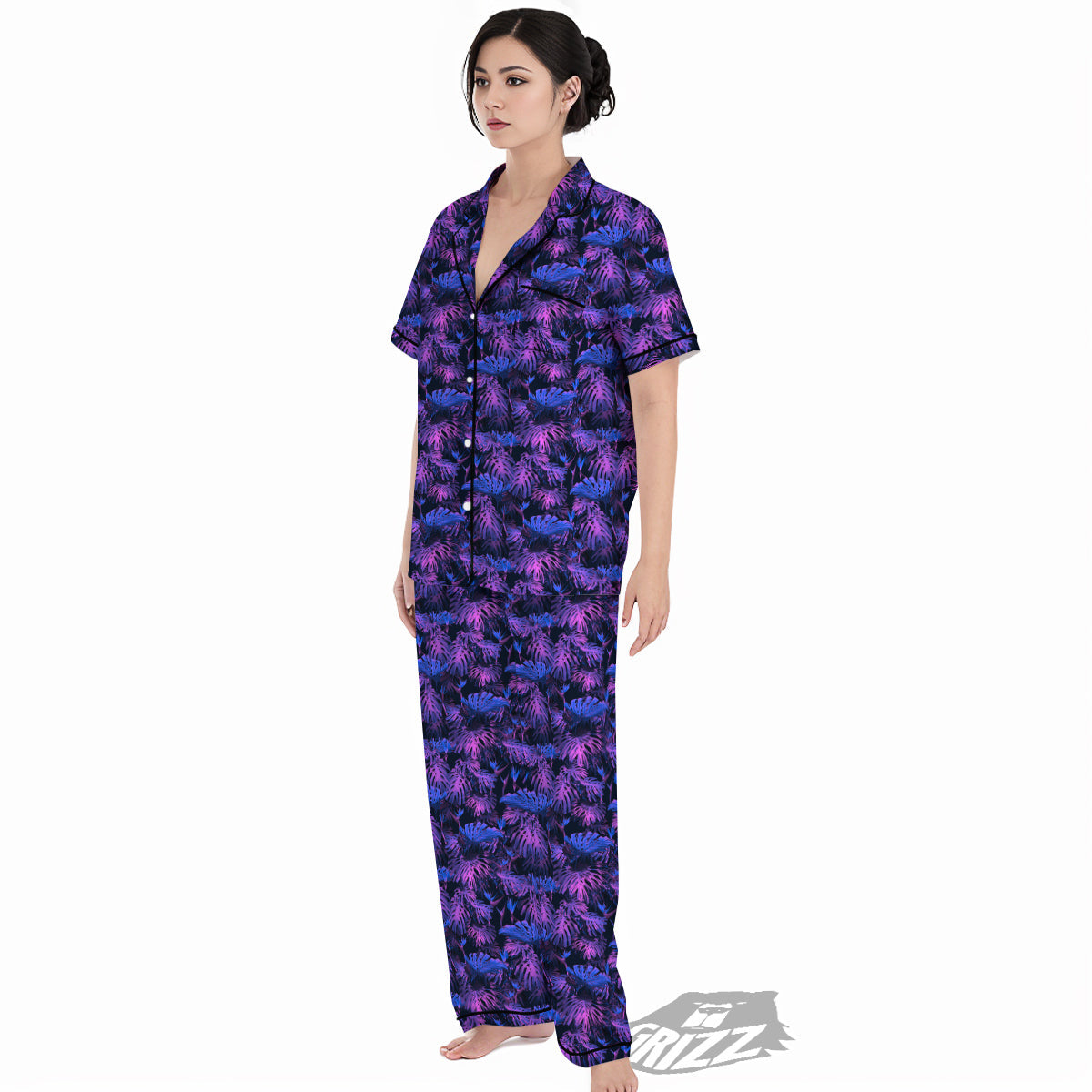 Hawaiian Tropical Dark Purple Print Pattern Women's Pajamas Set-grizzshop