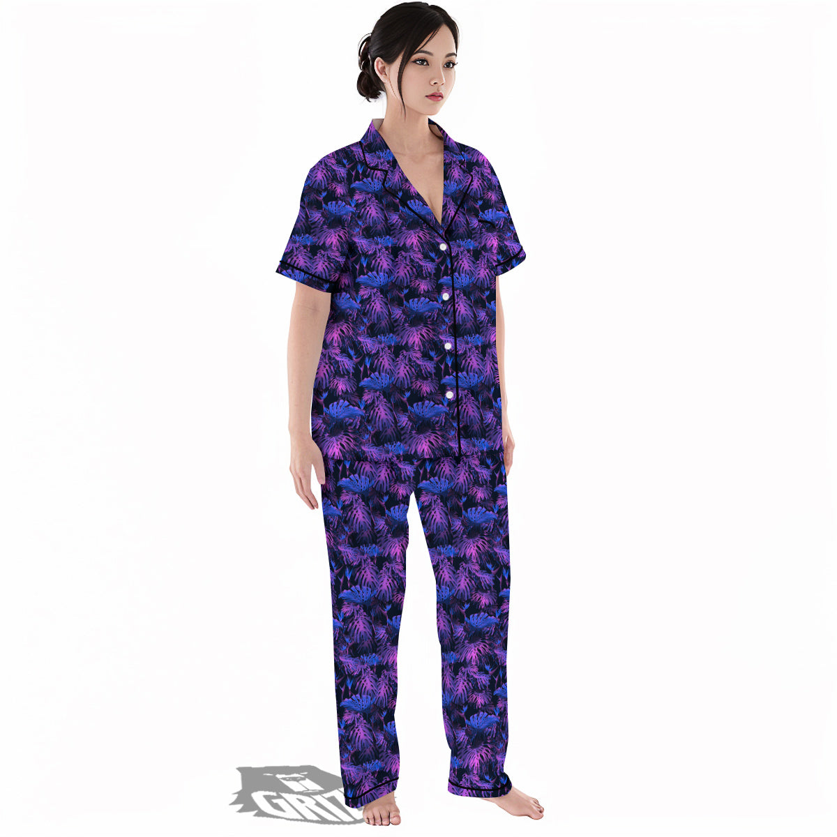 Hawaiian Tropical Dark Purple Print Pattern Women's Pajamas Set-grizzshop