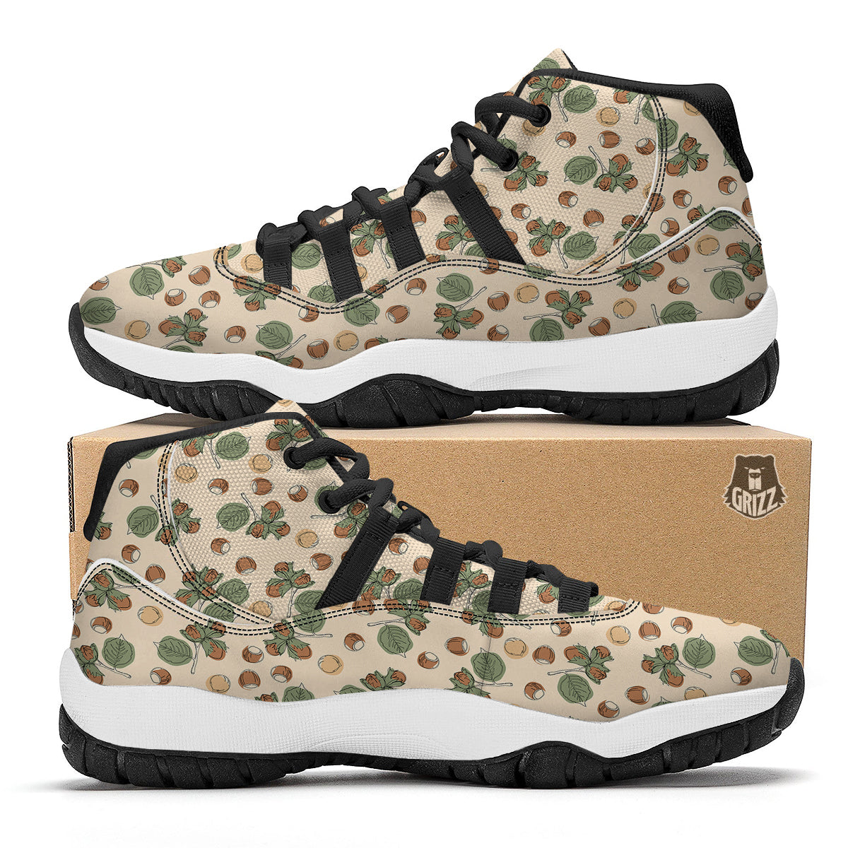 Hazelnuts And Leaf Print Pattern Black Bball Shoes-grizzshop