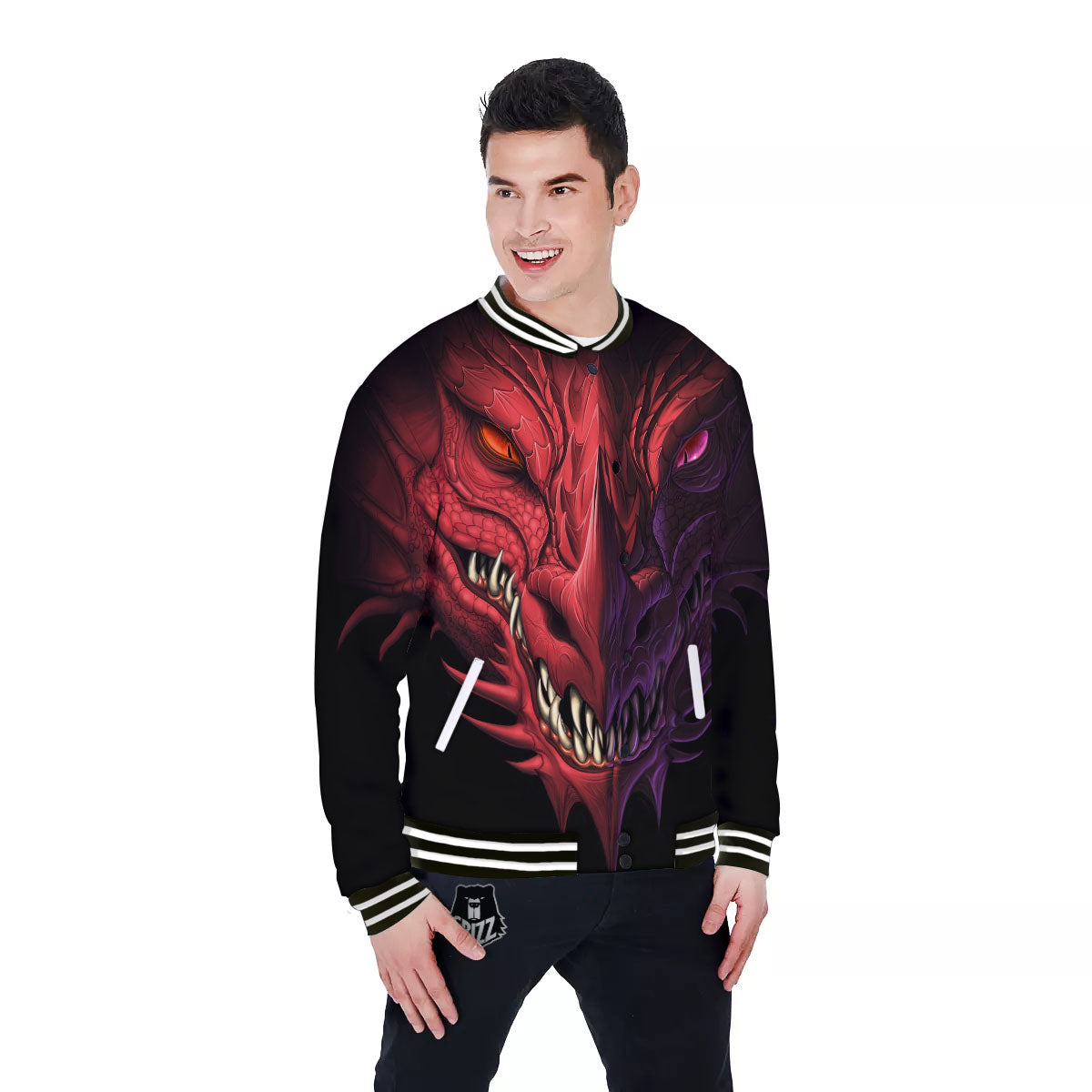 Head Red Dragon Print Baseball Jacket-grizzshop
