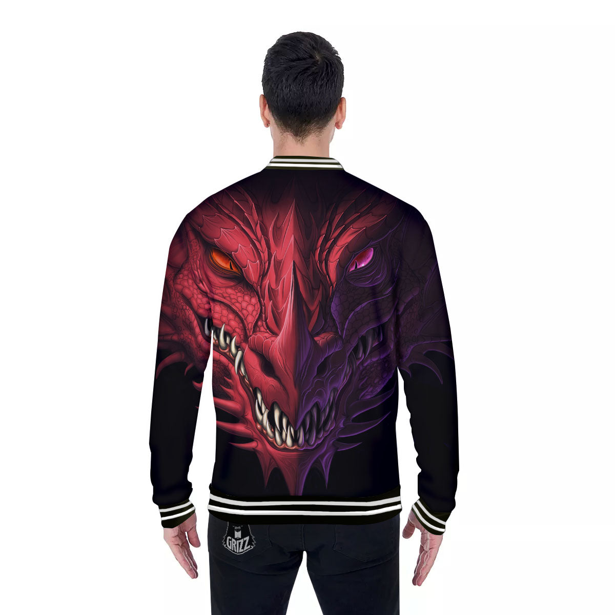 Head Red Dragon Print Baseball Jacket-grizzshop