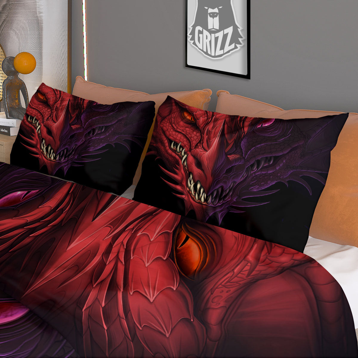 Head Red Dragon Print Duvet Cover Bedding Set