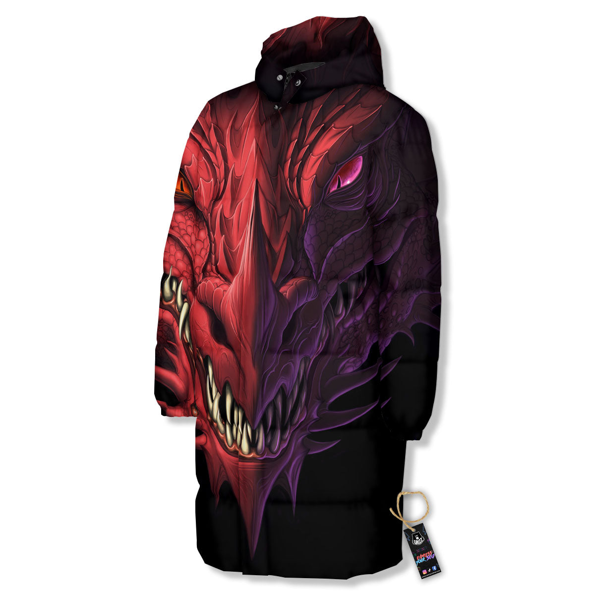 Head Red Dragon Print Long Down Jacket-grizzshop