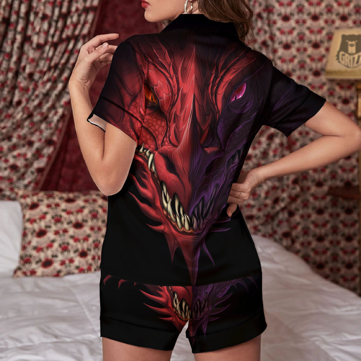 Head Red Dragon Print Women Silk Pajamas-grizzshop