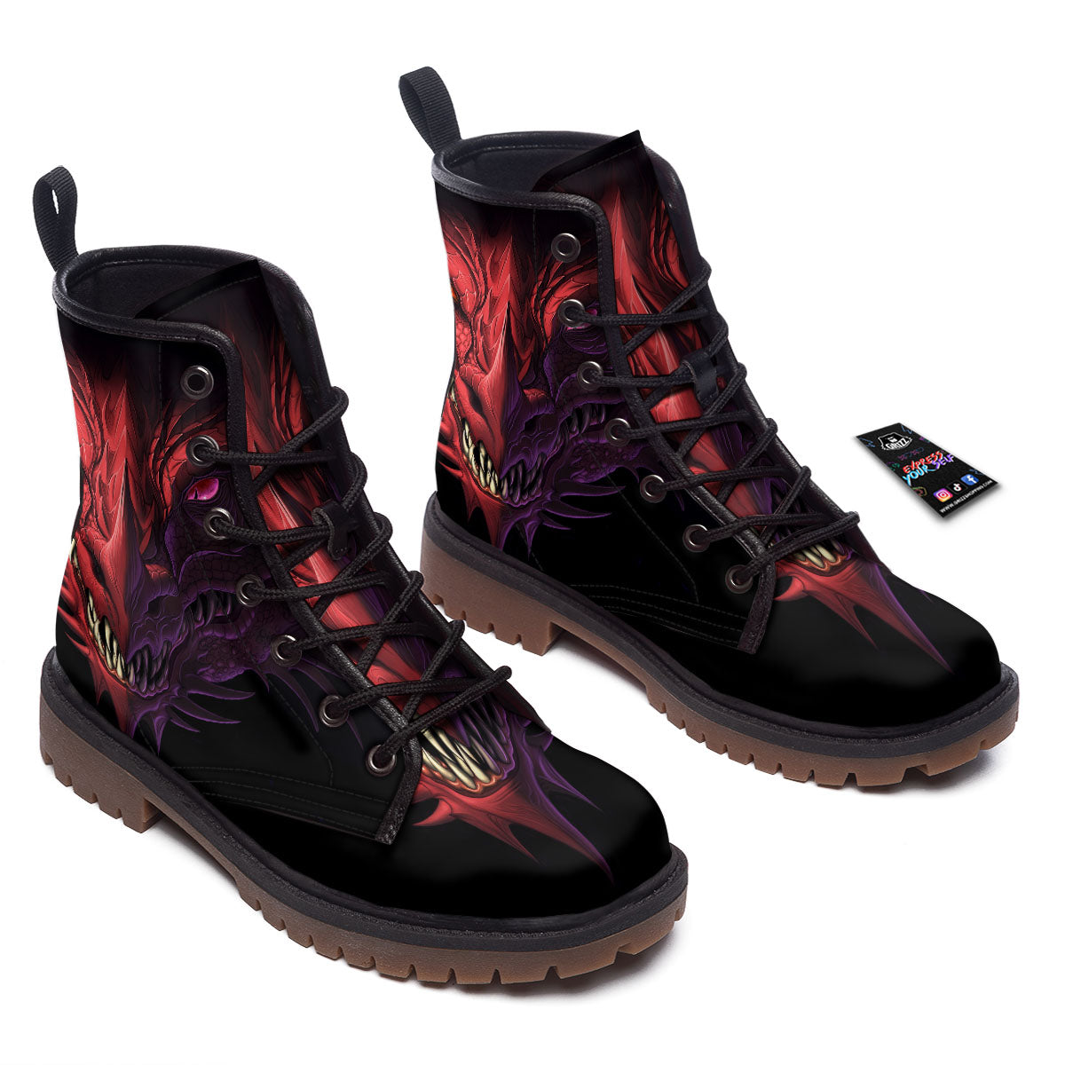 Head Red Dragon Print Work Boots-grizzshop