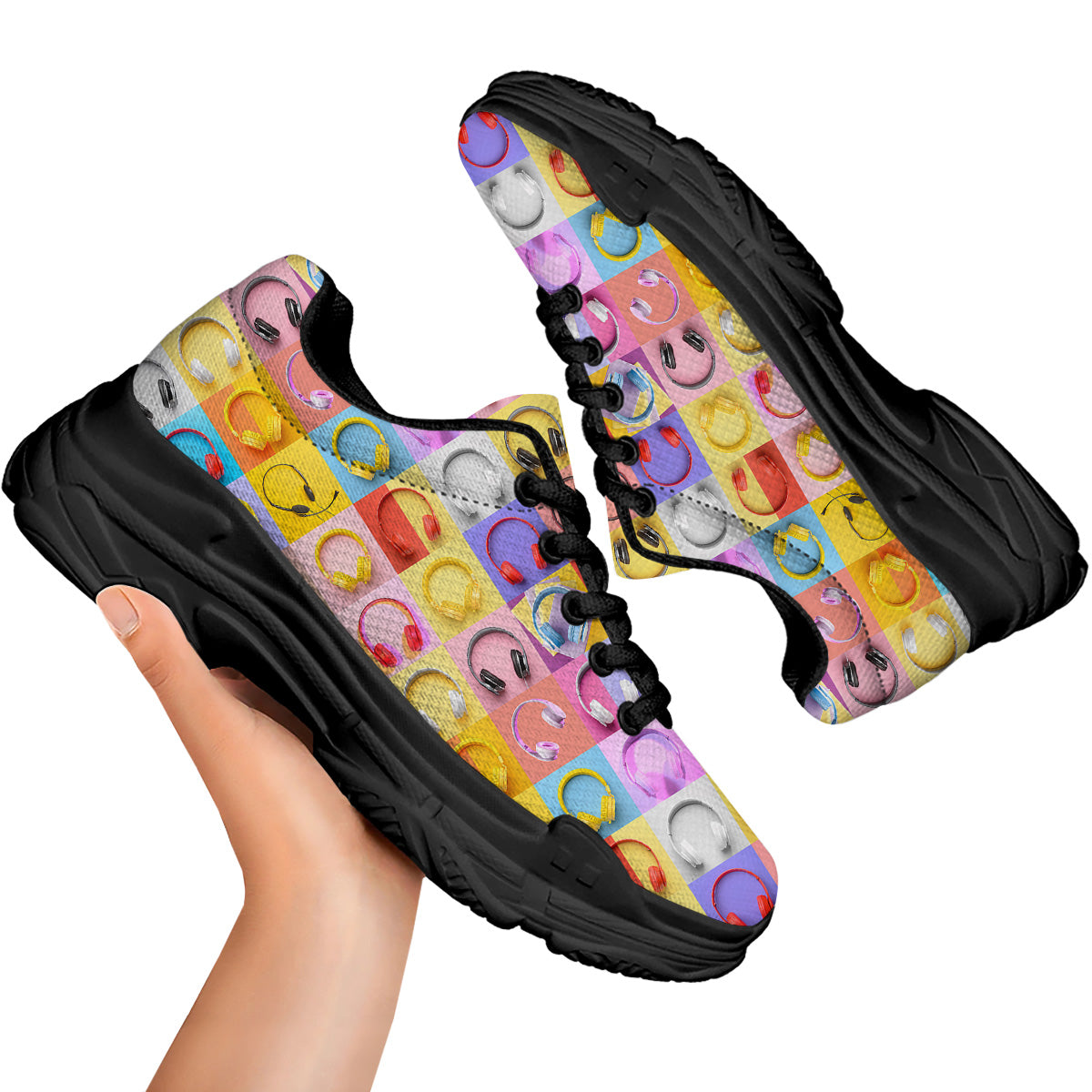 Headphones Pastel Print Pattern Black Chunky Shoes-grizzshop