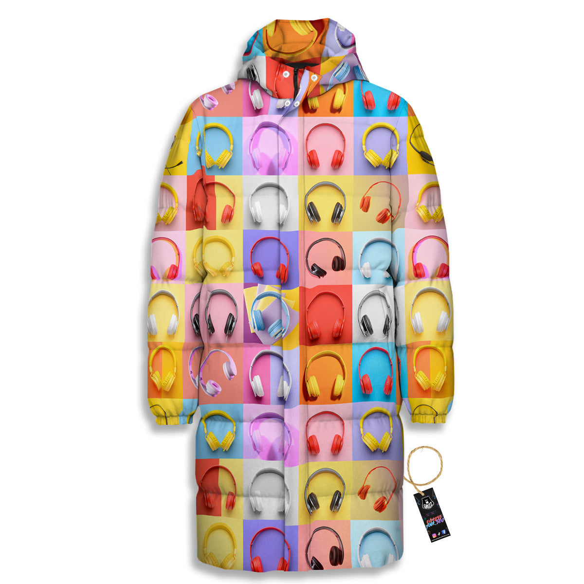 Headphones Pastel Print Pattern Long Down Jacket-grizzshop