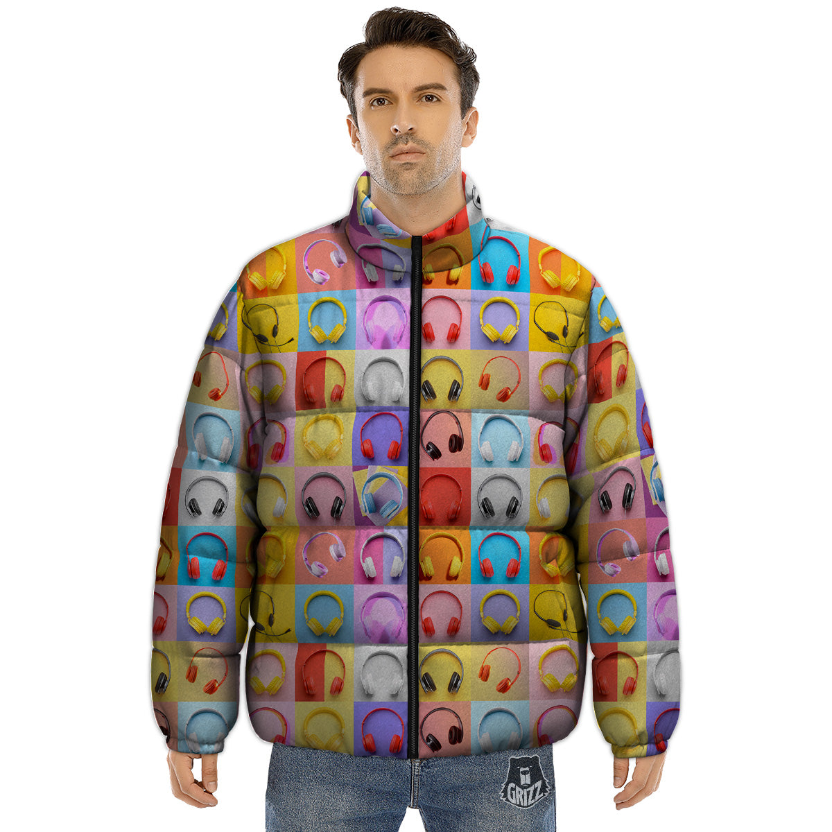 Headphones Pastel Print Pattern Puffer Jacket-grizzshop