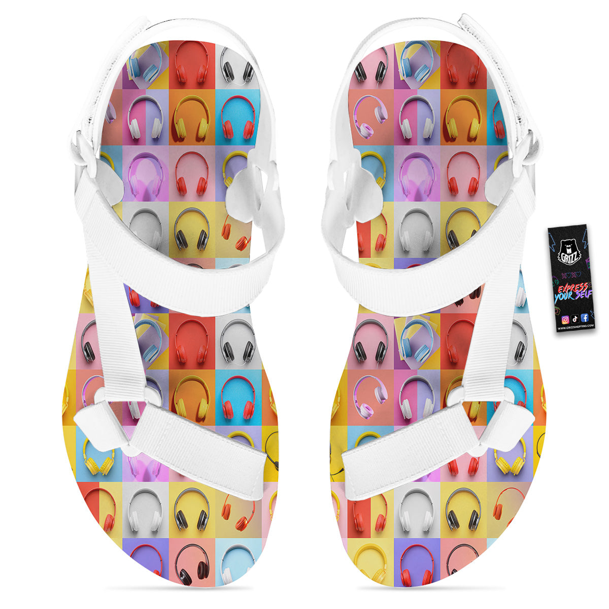 Headphones Pastel Print Pattern White Open Toe Sandals-grizzshop