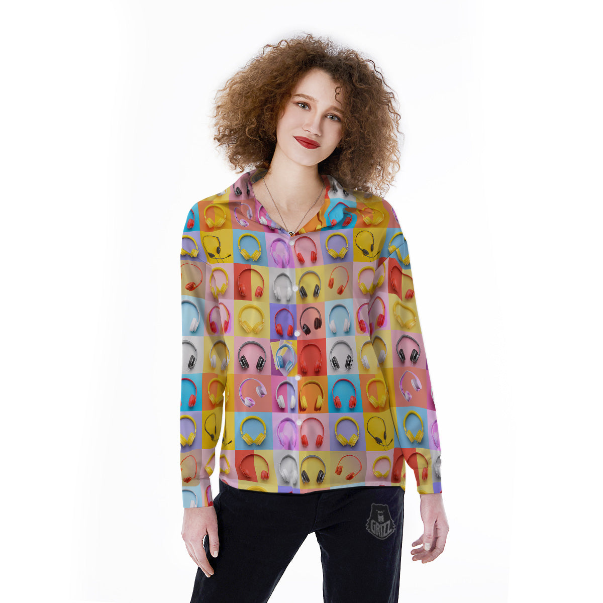 Headphones Pastel Print Pattern Women's Long Sleeve Shirts-grizzshop