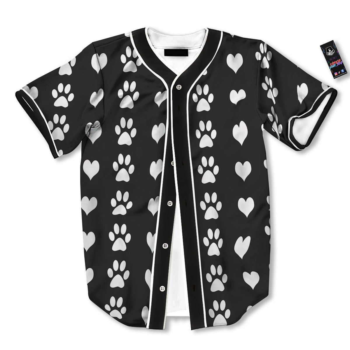 Heart And Black Paw Print Pattern Baseball Jersey-grizzshop