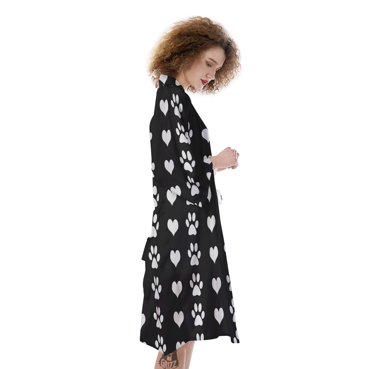 Heart And Black Paw Print Pattern Kimono-grizzshop