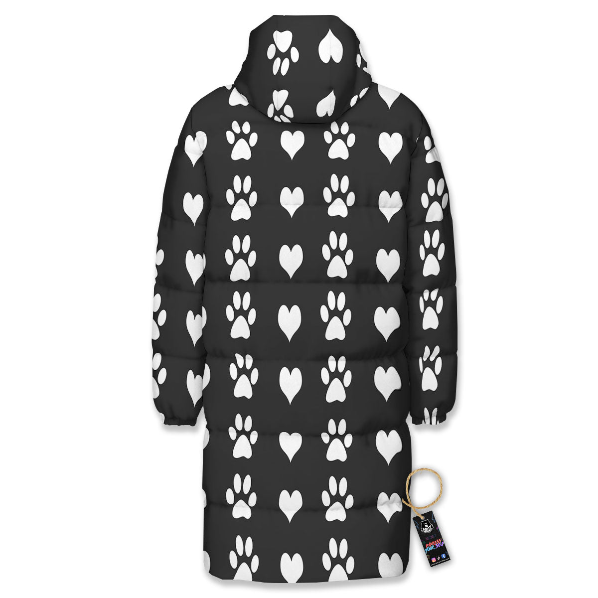 Heart And Black Paw Print Pattern Long Down Jacket-grizzshop