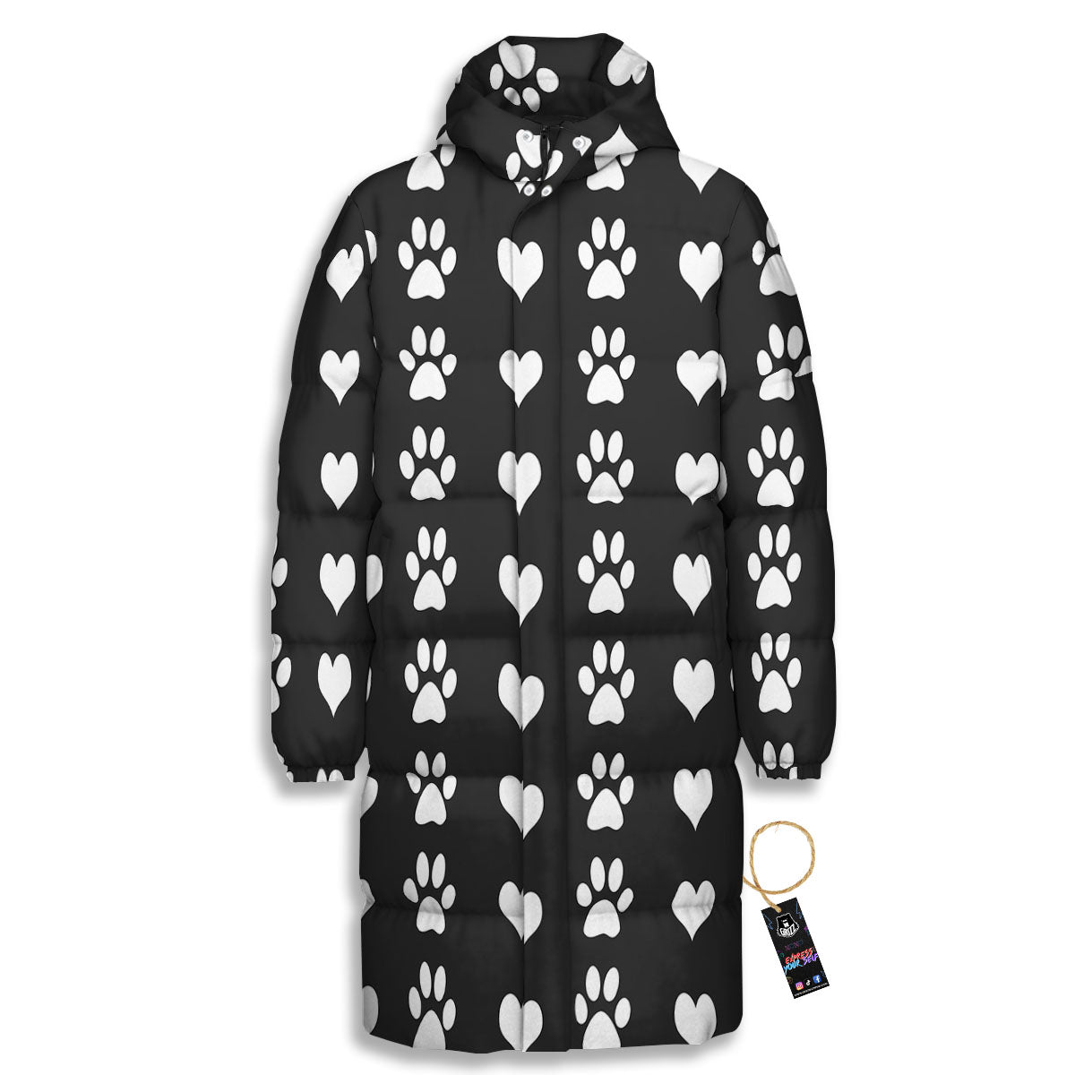Heart And Black Paw Print Pattern Long Down Jacket-grizzshop