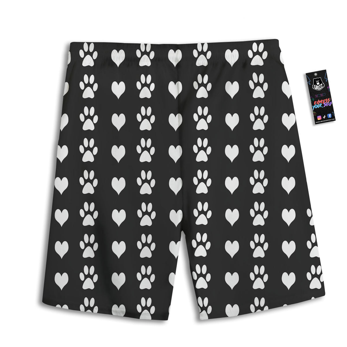 Heart And Black Paw Print Pattern Men's Athletic Shorts