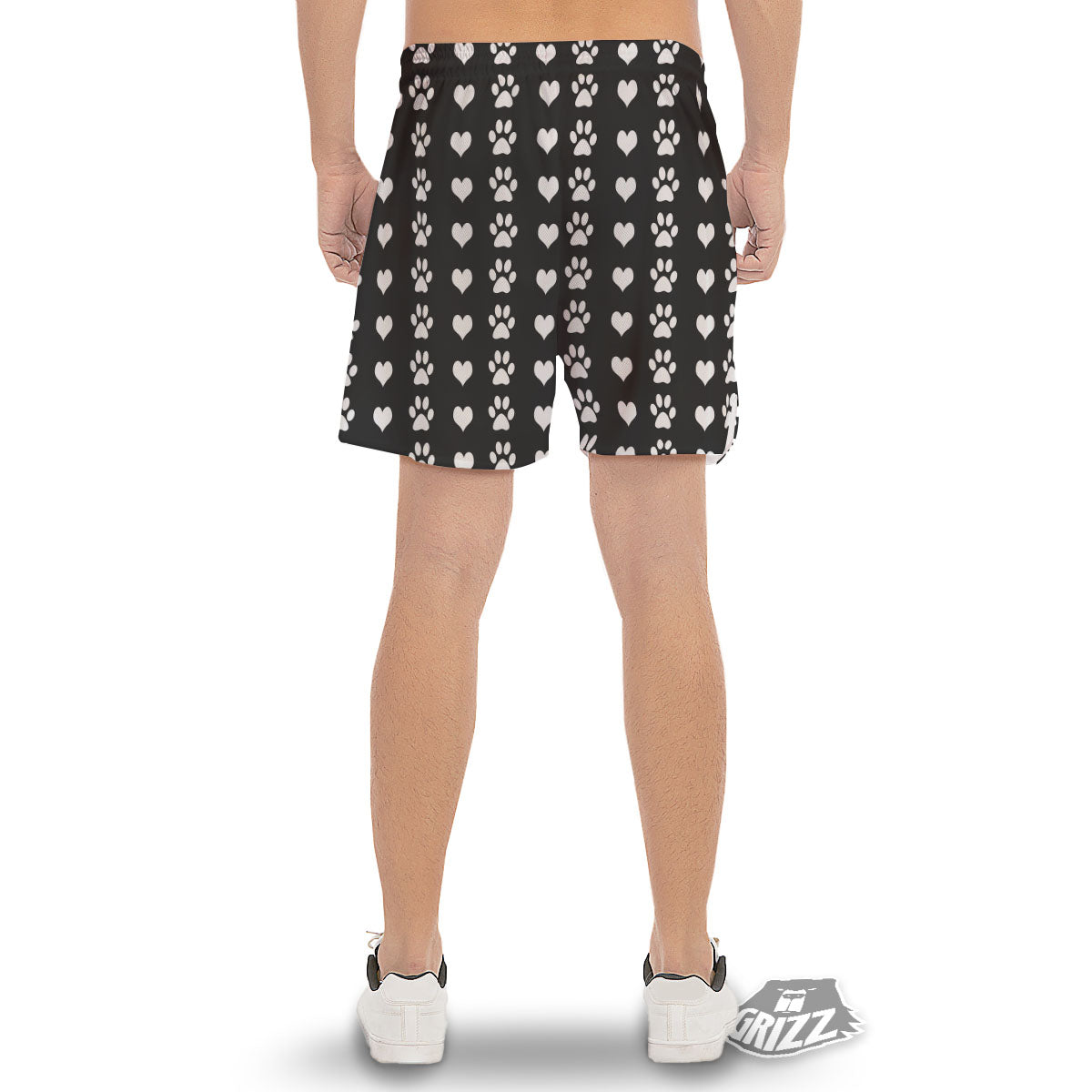 Heart And Black Paw Print Pattern Men's Gym Shorts-grizzshop