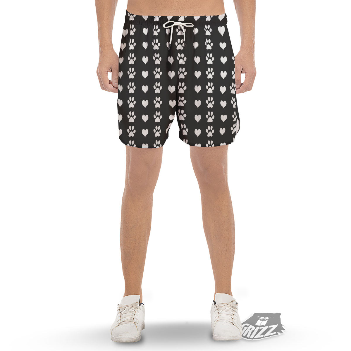 Heart And Black Paw Print Pattern Men's Gym Shorts-grizzshop