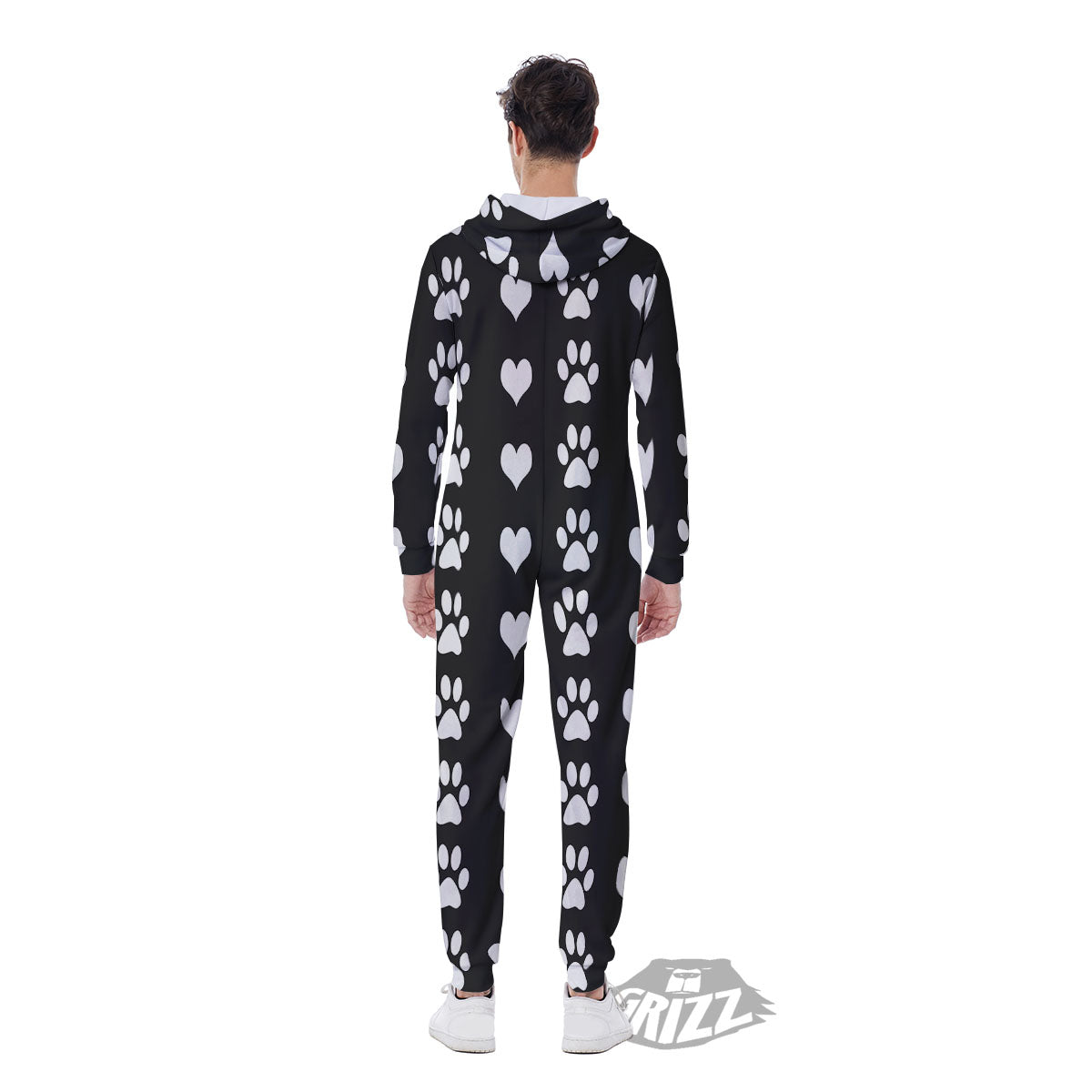 Heart And Black Paw Print Pattern Men's Jumpsuit-grizzshop