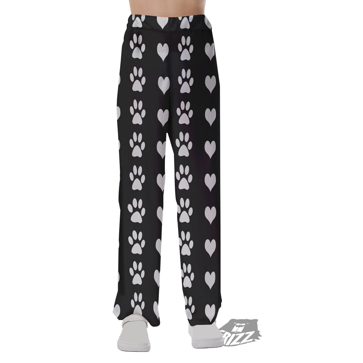 Heart And Black Paw Print Pattern Pajama Pants-grizzshop