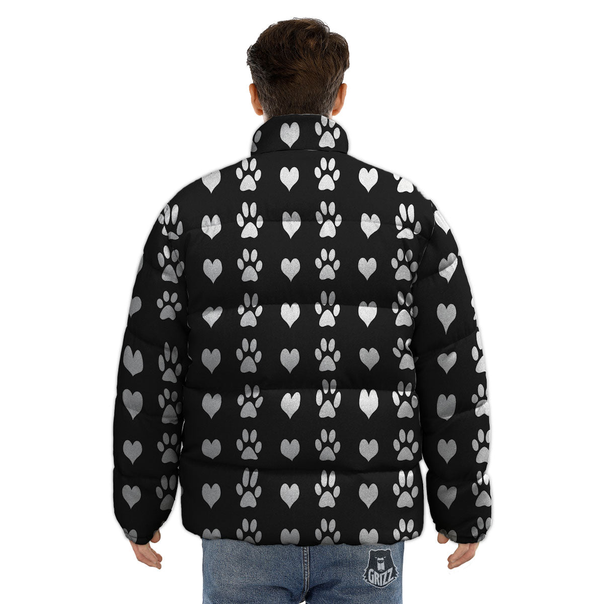 Heart And Black Paw Print Pattern Puffer Jacket-grizzshop