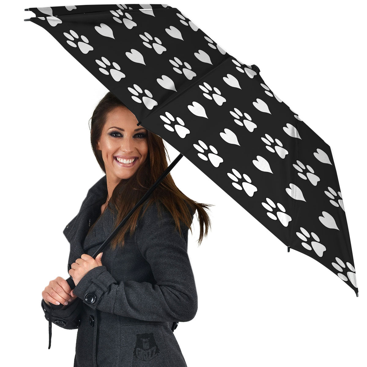 Heart And Black Paw Print Pattern Umbrella-grizzshop