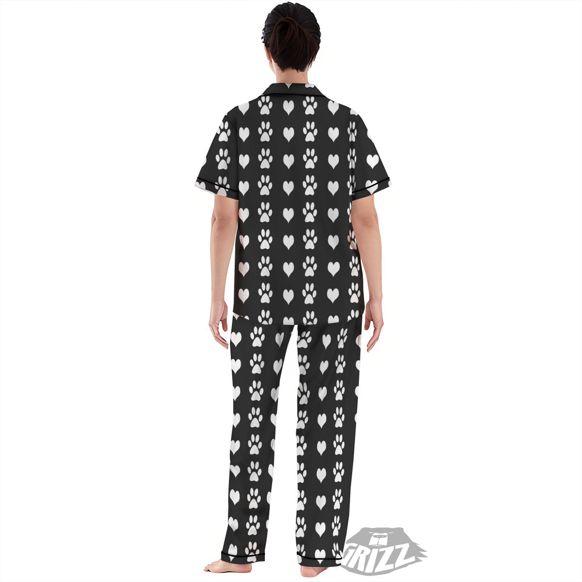 Heart And Black Paw Print Pattern Women's Pajamas Set-grizzshop