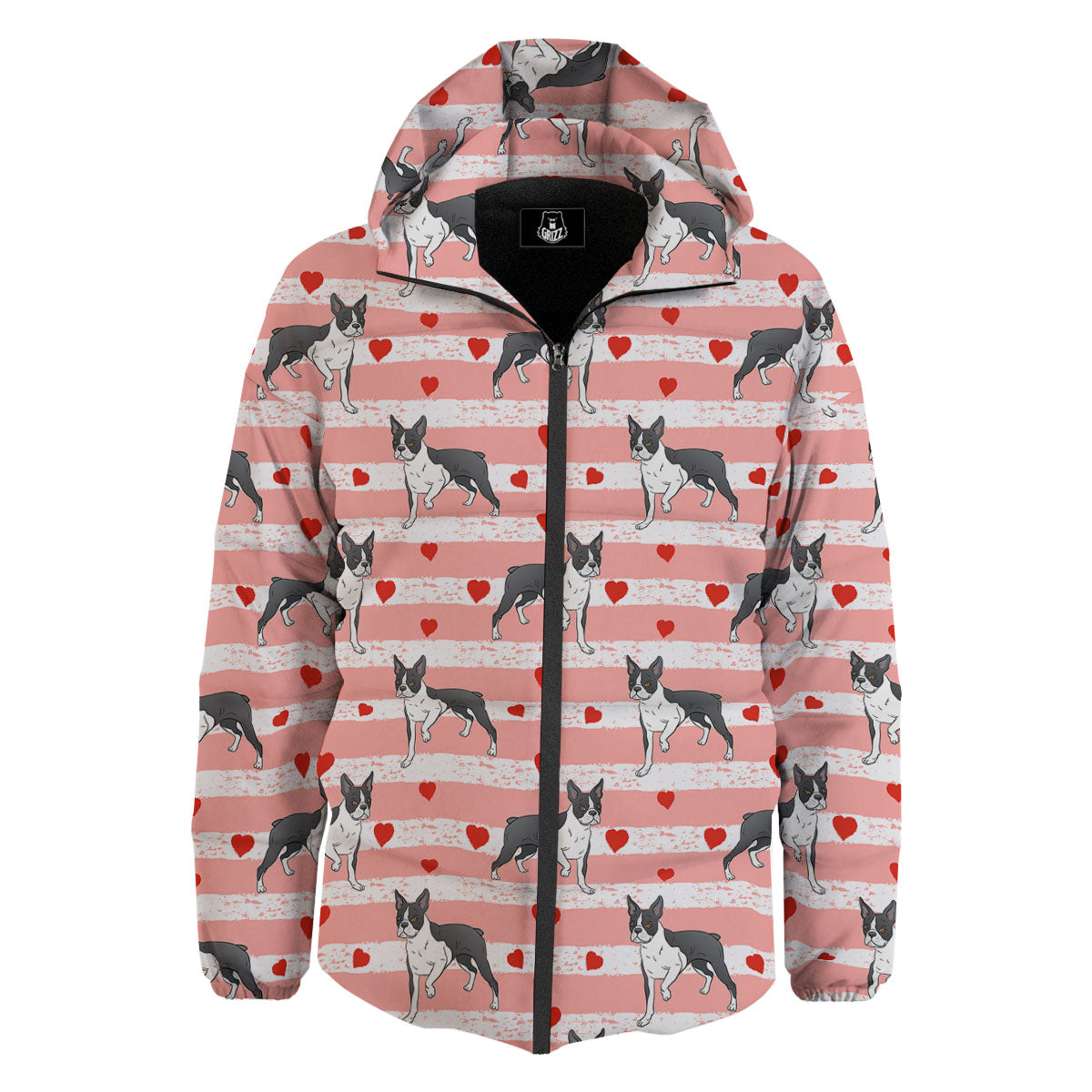 Heart And Boston Terrier Print Pattern Down Jacket-grizzshop