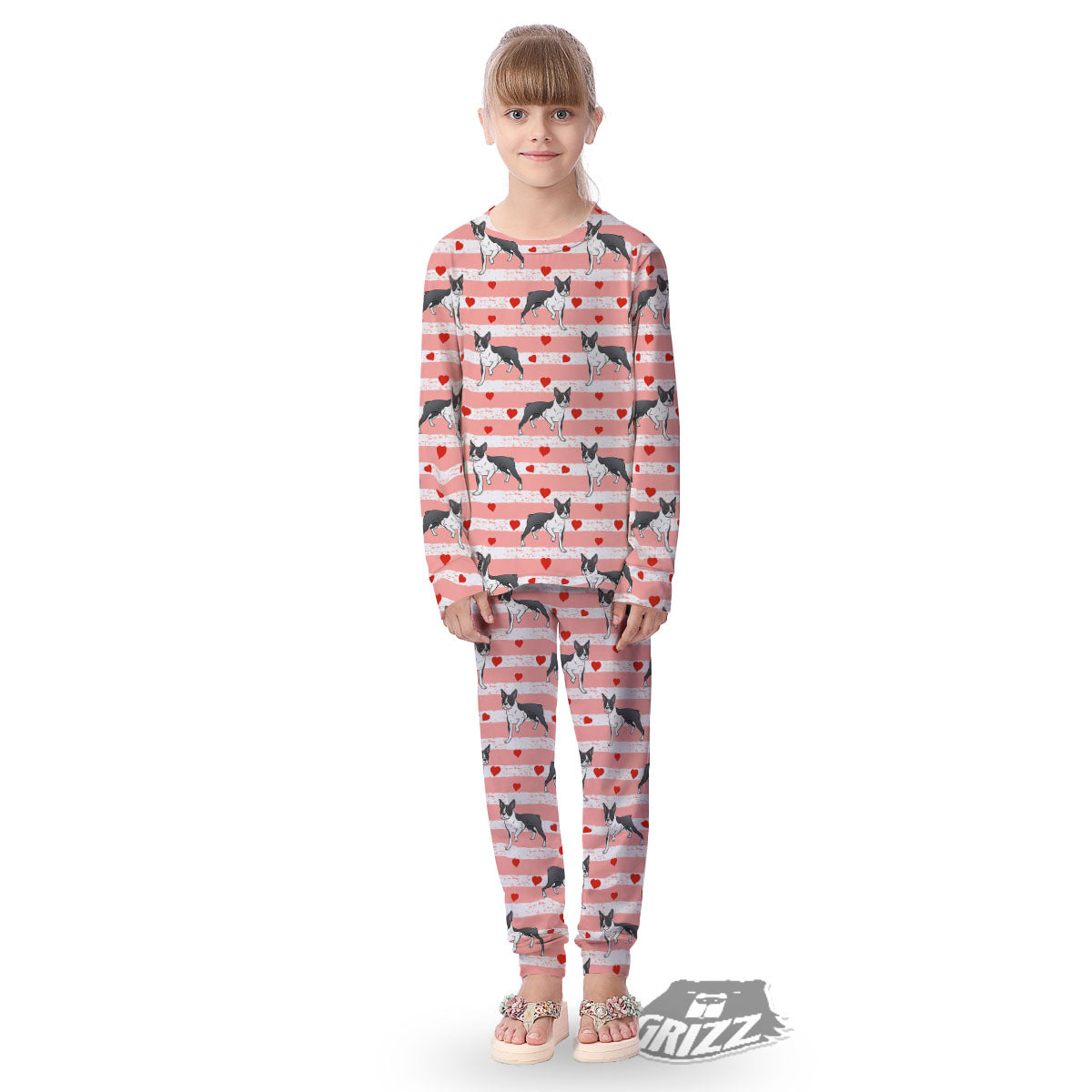 Heart And Boston Terrier Print Pattern Kid's Pajamas-grizzshop