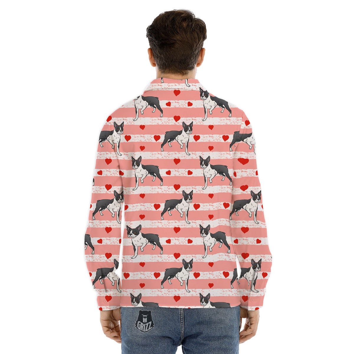 Heart And Boston Terrier Print Pattern Men's Dress Shirts-grizzshop
