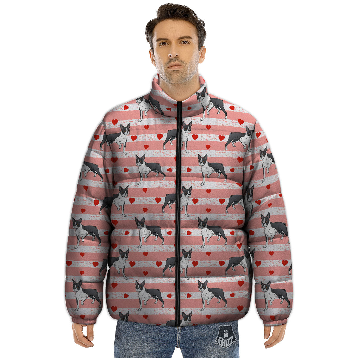 Heart And Boston Terrier Print Pattern Puffer Jacket-grizzshop