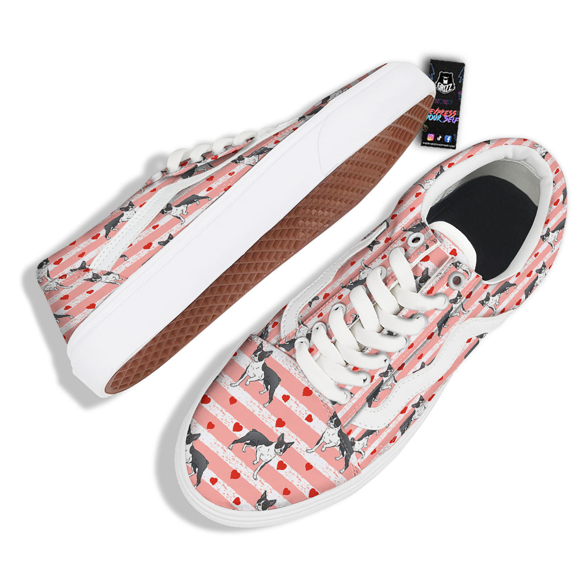 Heart And Boston Terrier Print Pattern Skate Shoes-grizzshop