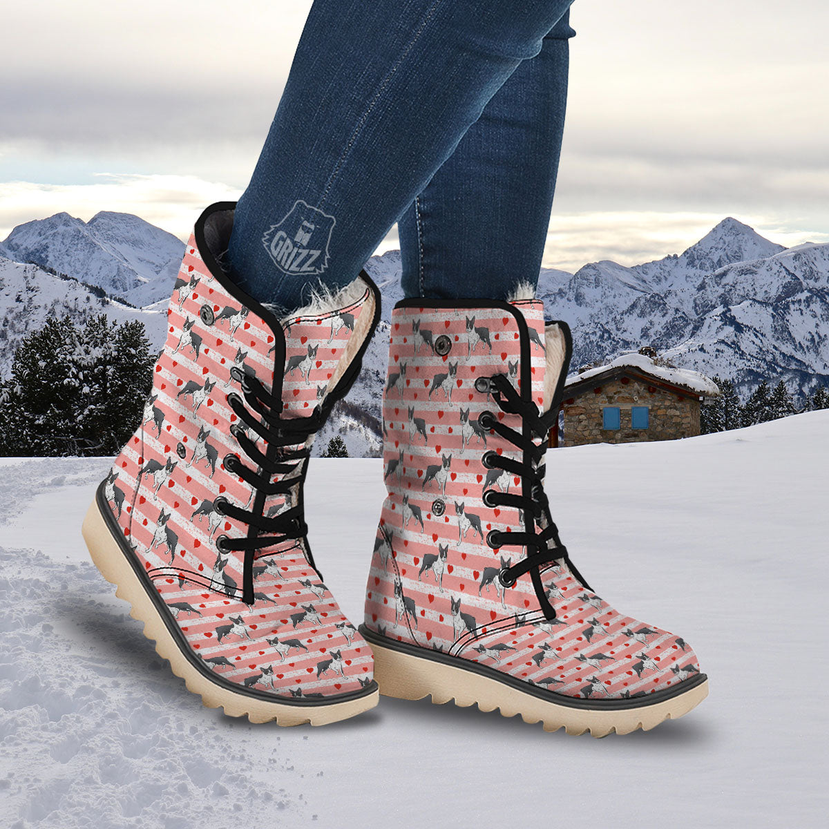 Heart And Boston Terrier Print Pattern Snow Boots-grizzshop