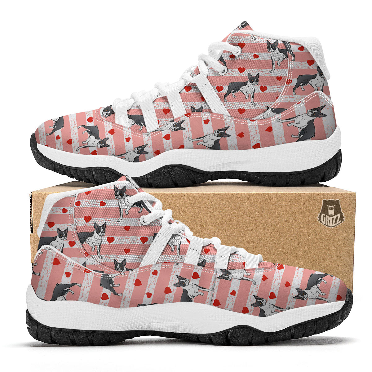 Heart And Boston Terrier Print Pattern White Bball Shoes-grizzshop
