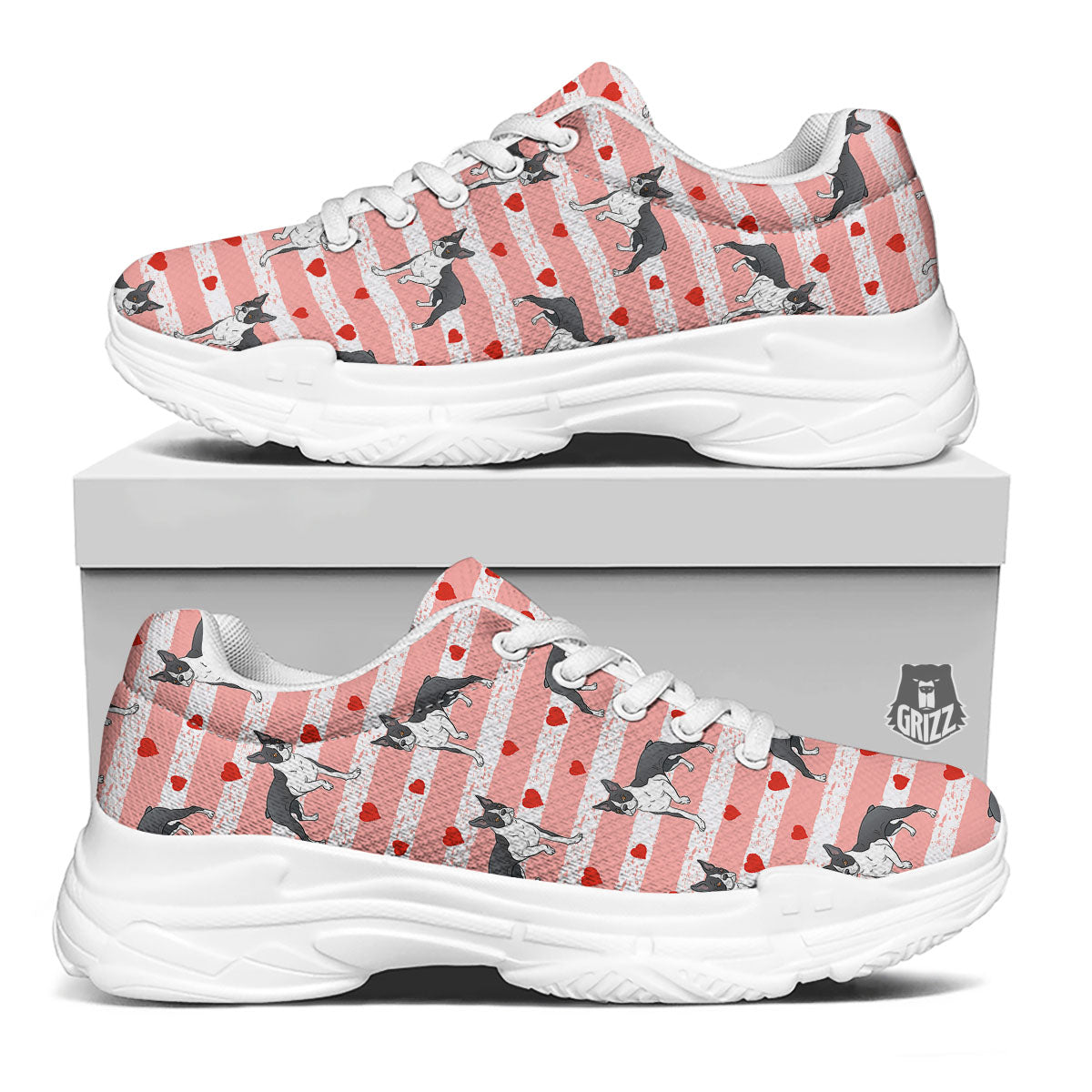 Heart And Boston Terrier Print Pattern White Chunky Shoes-grizzshop