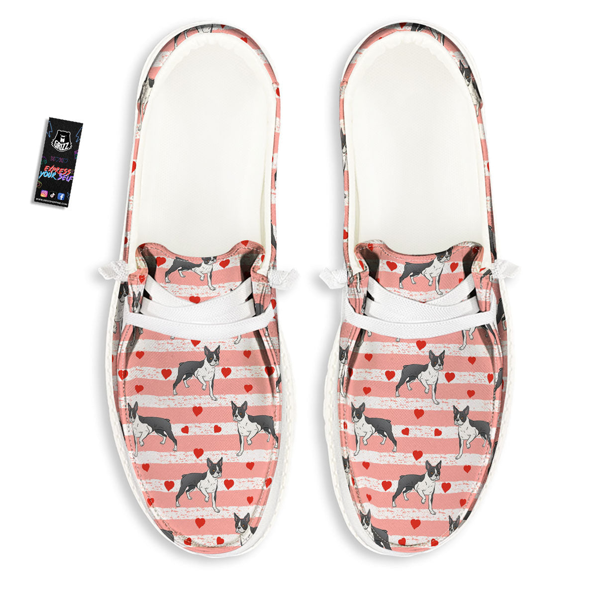 Heart And Boston Terrier Print Pattern White Loafers-grizzshop