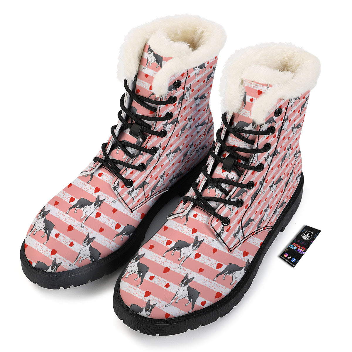 Heart And Boston Terrier Print Pattern Winter Boots-grizzshop