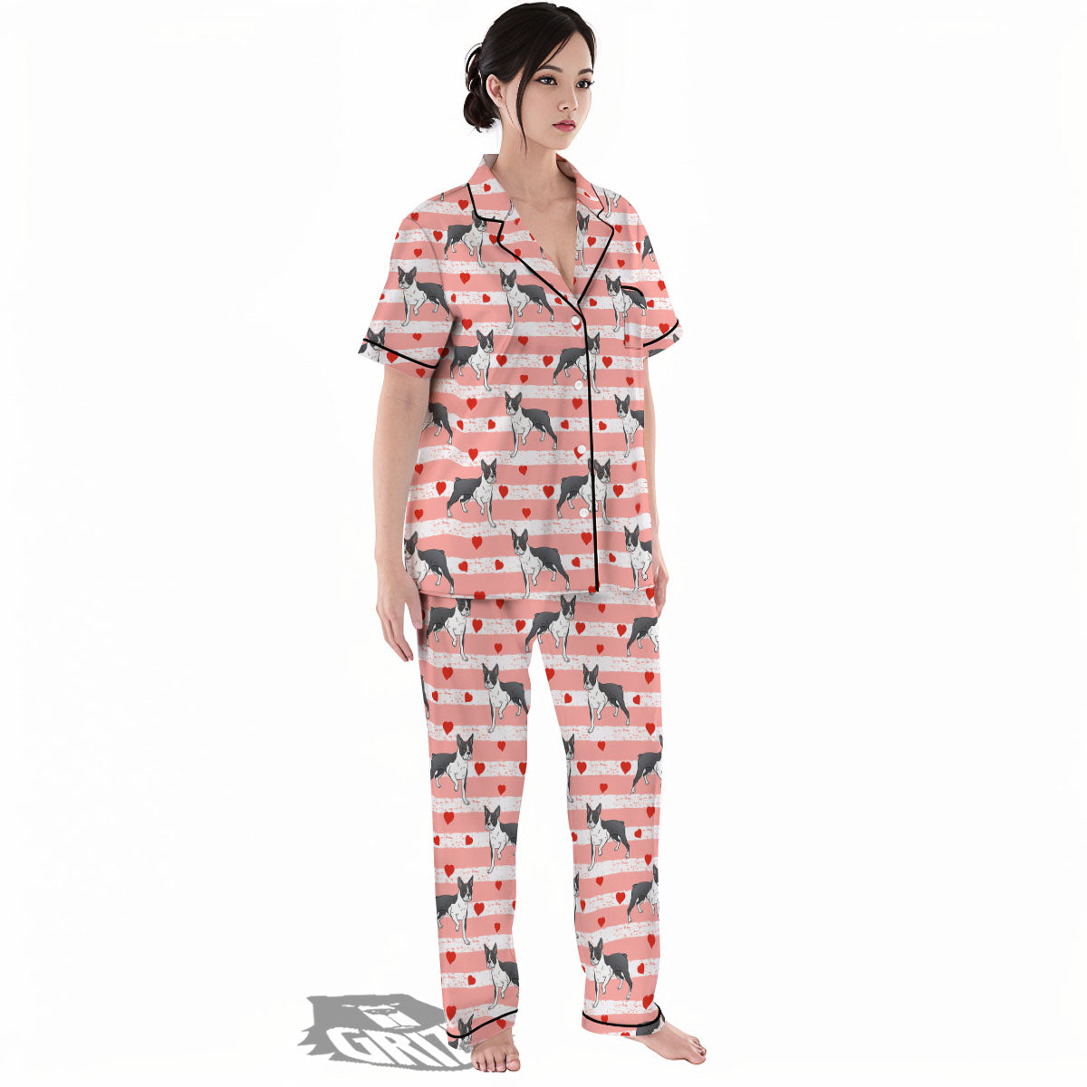 Heart And Boston Terrier Print Pattern Women's Pajamas Set-grizzshop