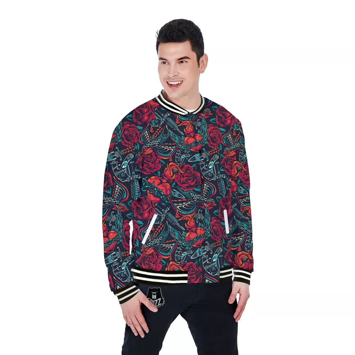Heart And Rose Print Pattern Baseball Jacket-grizzshop