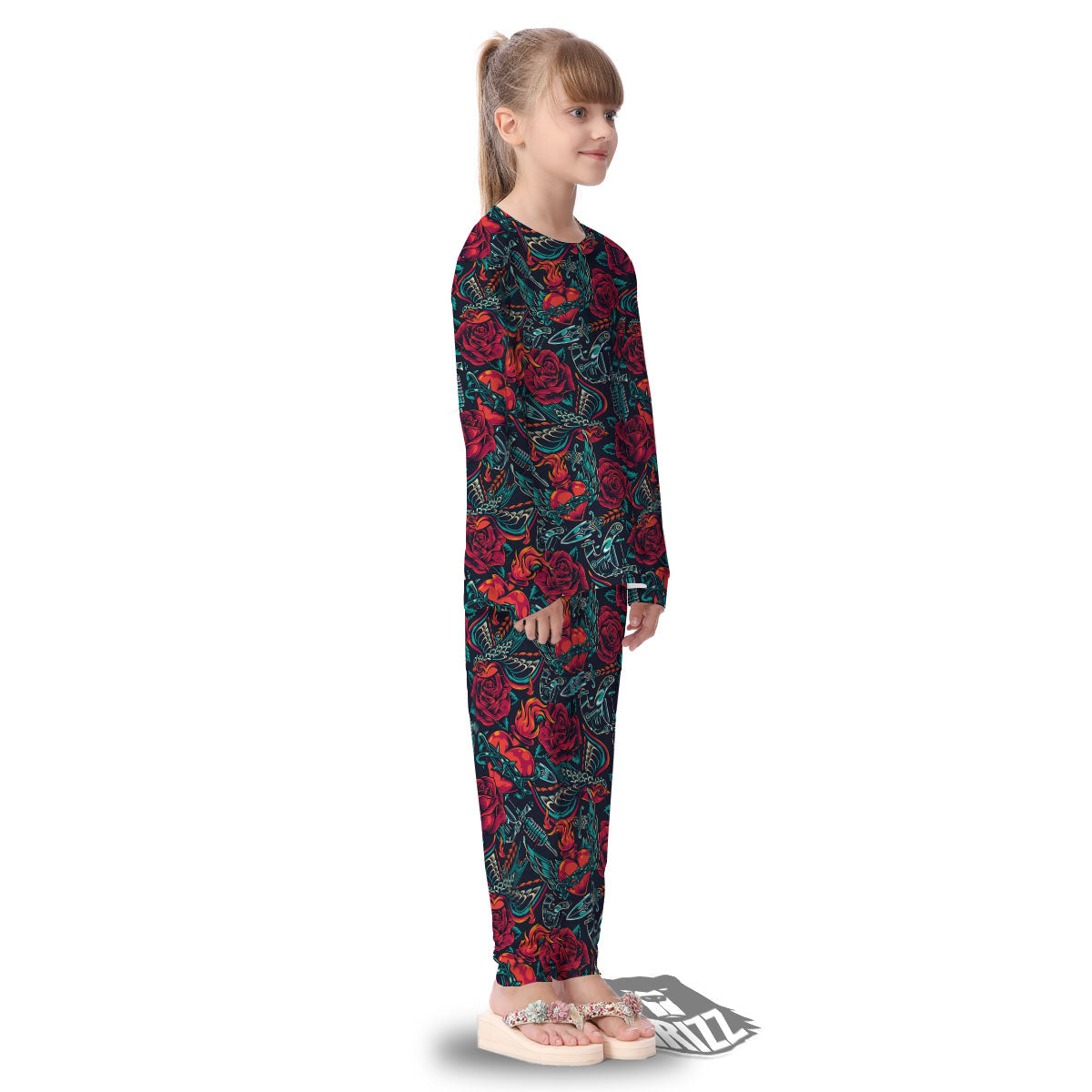 Heart And Rose Print Pattern Kid's Pajamas-grizzshop