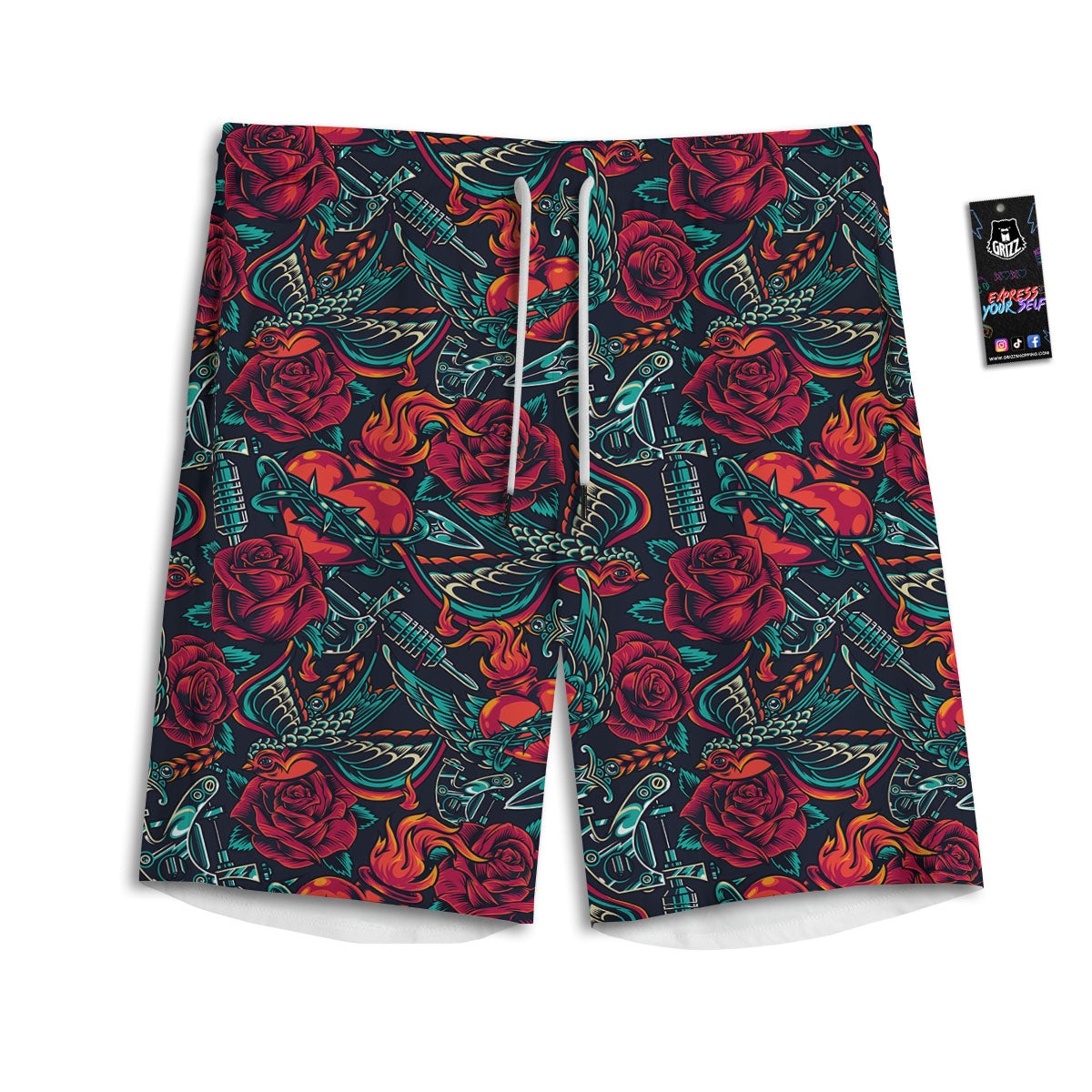 Heart And Rose Print Pattern Men's Athletic Shorts